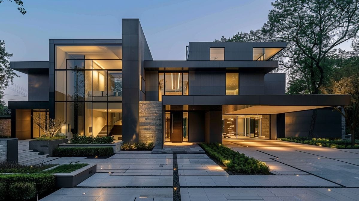 Fachada de una villa de volúmenes oscuros en hora azul, con los interiores encendidos en luz cálida.
